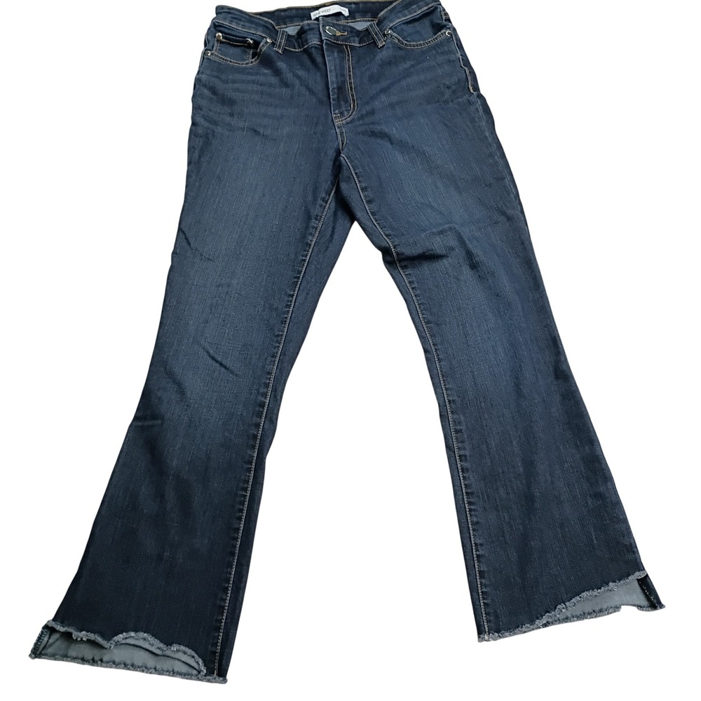 Nine West Kick Flare Jeans Women 6 Dark Blue Raw Scalloped Hem Stretch